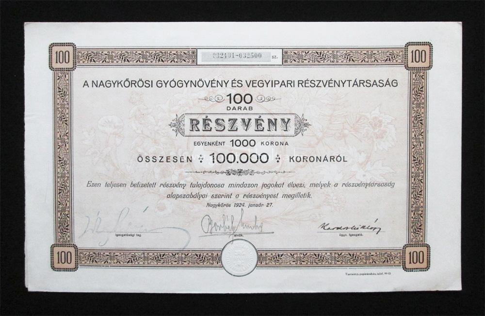Nagykőrösi Gyógynövény és Vegyipari részvény 100000 korona 1924